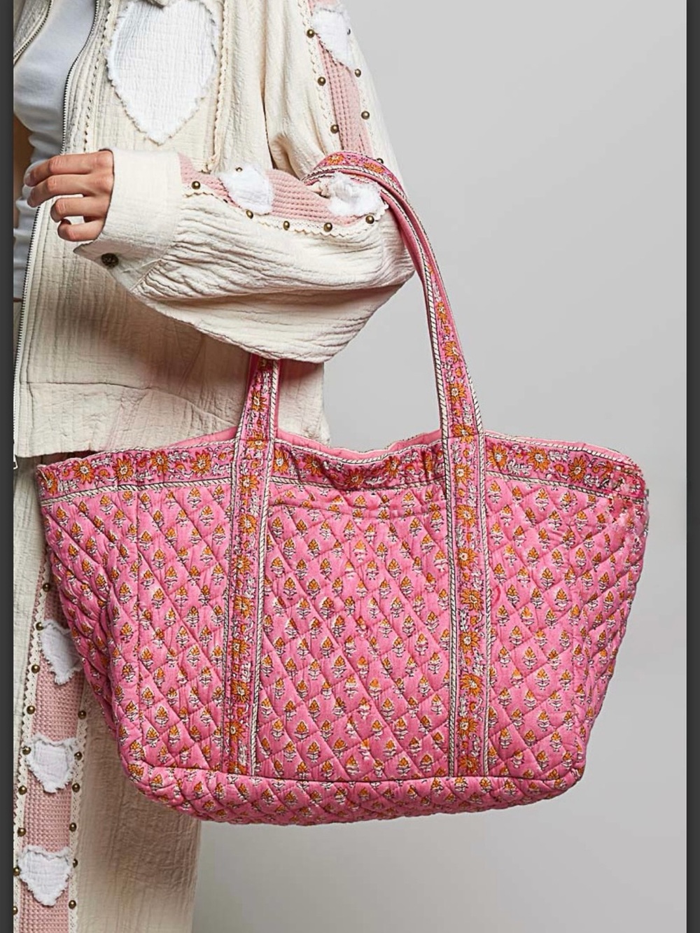 POL Pink Quilted Floral Tote Bag